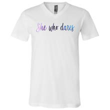 Load image into Gallery viewer, She Who Dares White V-Neck T-Shirt