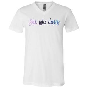 She Who Dares White V-Neck T-Shirt