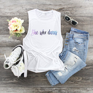 She Who Dares White Muscle Tank