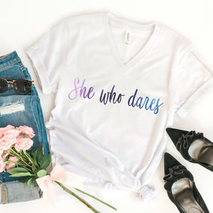 She Who Dares White V-Neck T-Shirt